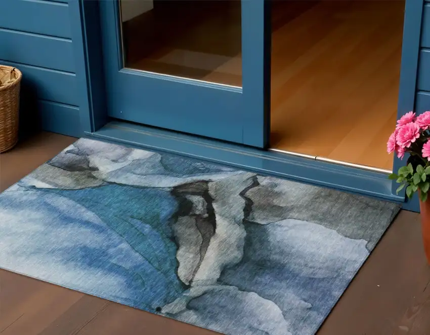 Blue And Gray Abstract Washable Indoor Outdoor Area Rug Photo 2