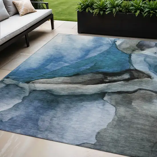 Blue And Gray Abstract Washable Indoor Outdoor Area Rug Photo 2