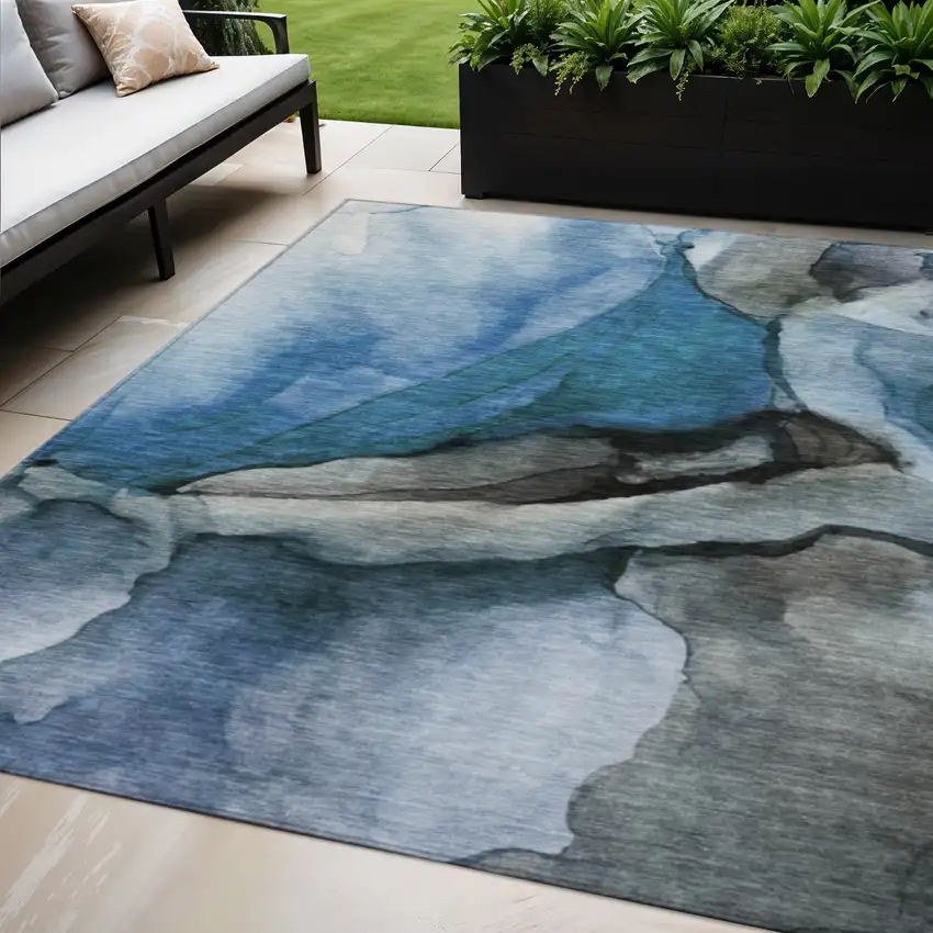 Blue And Gray Abstract Washable Indoor Outdoor Area Rug Photo 2