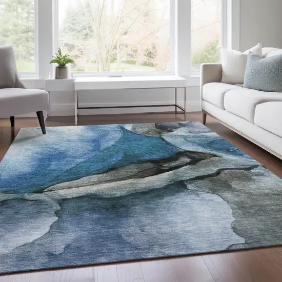 Blue And Gray Abstract Washable Indoor Outdoor Area Rug Photo 6