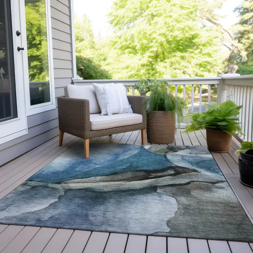 Blue And Gray Abstract Washable Indoor Outdoor Area Rug Photo 7