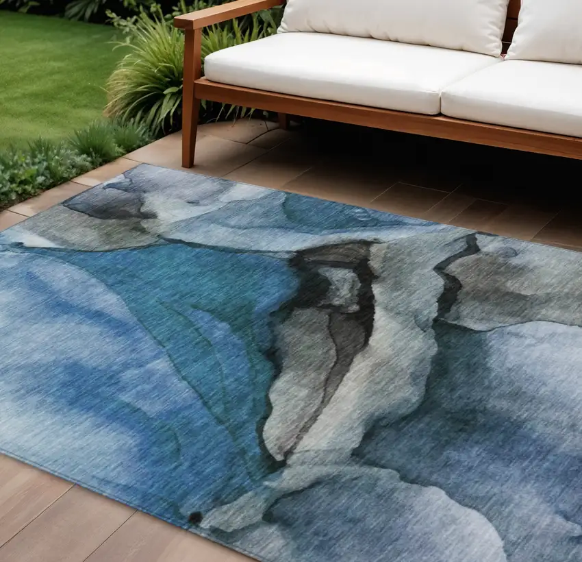 Blue And Gray Abstract Washable Indoor Outdoor Area Rug Photo 2