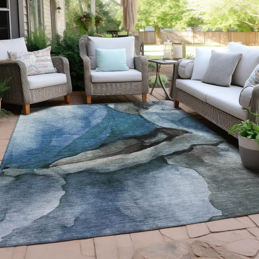 Blue And Gray Abstract Washable Indoor Outdoor Area Rug Photo 5