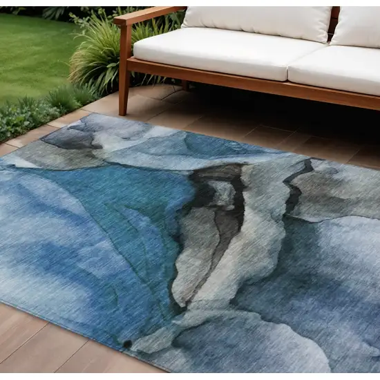 Blue And Gray Abstract Washable Indoor Outdoor Area Rug Photo 2