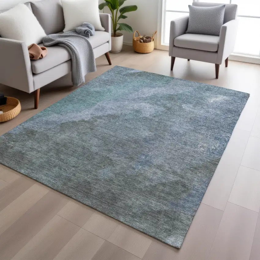 Blue And Gray Abstract Washable Indoor Outdoor Area Rug Photo 5