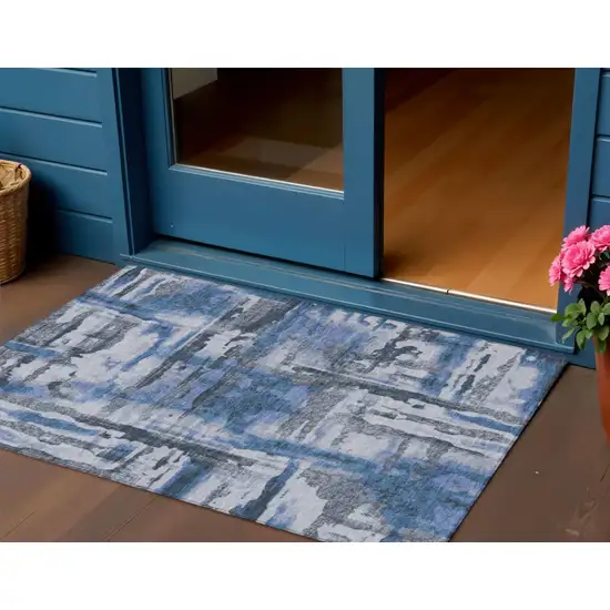 Blue And Gray Abstract Washable Indoor Outdoor Area Rug Photo 2