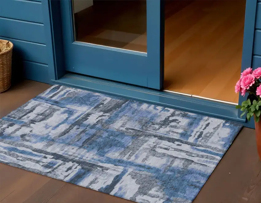 Blue And Gray Abstract Washable Indoor Outdoor Area Rug Photo 2