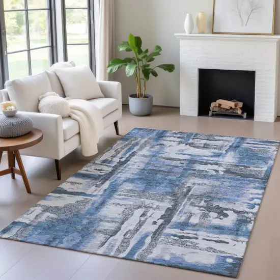 Blue And Gray Abstract Washable Indoor Outdoor Area Rug Photo 5