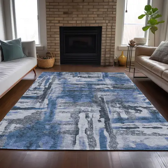 Blue And Gray Abstract Washable Indoor Outdoor Area Rug Photo 6