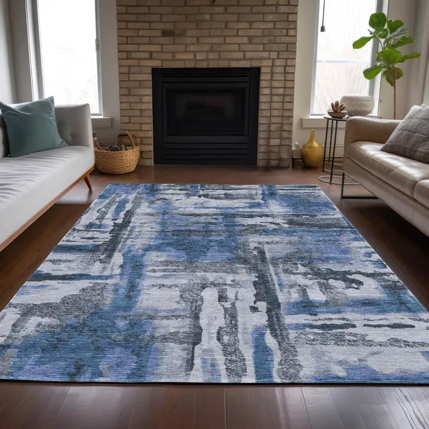 Blue And Gray Abstract Washable Indoor Outdoor Area Rug Photo 5