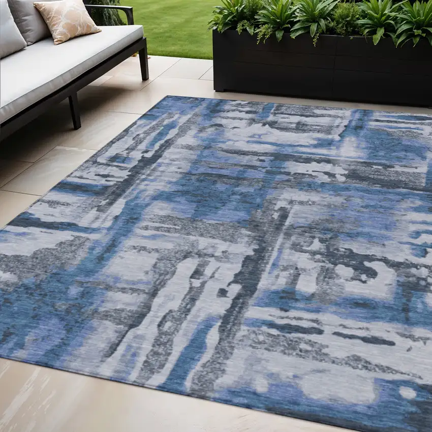 Blue And Gray Abstract Washable Indoor Outdoor Area Rug Photo 2