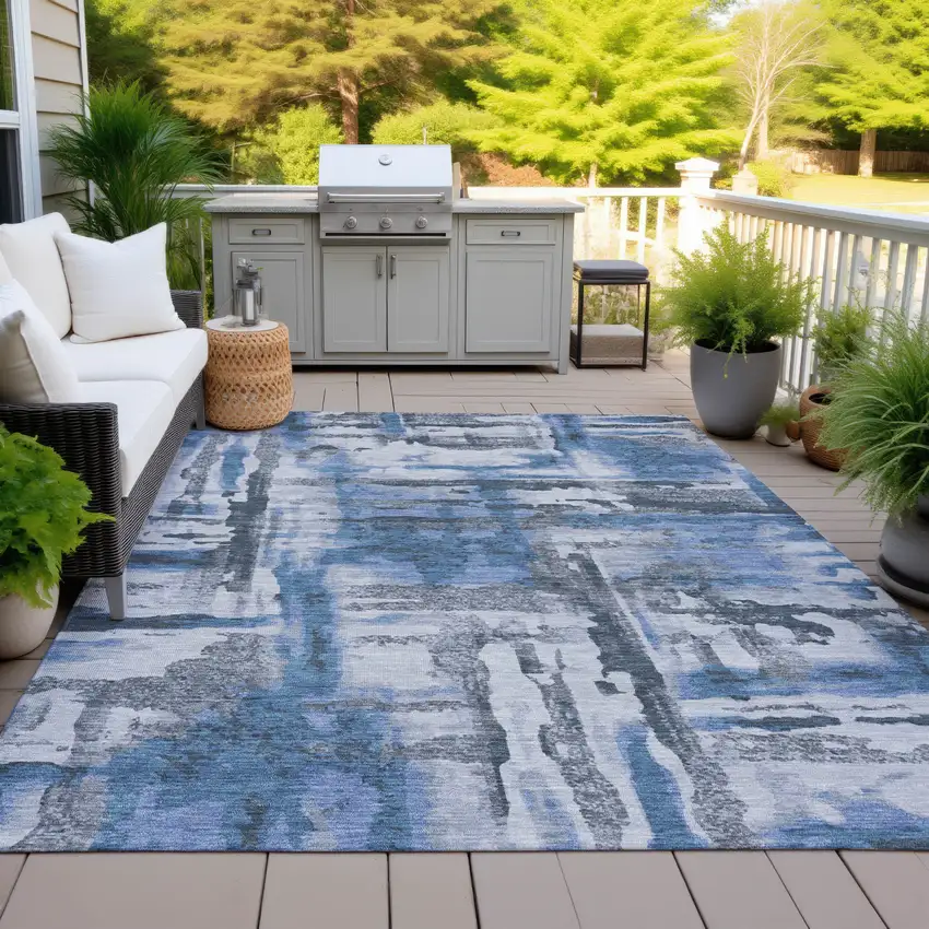 Blue And Gray Abstract Washable Indoor Outdoor Area Rug Photo 7