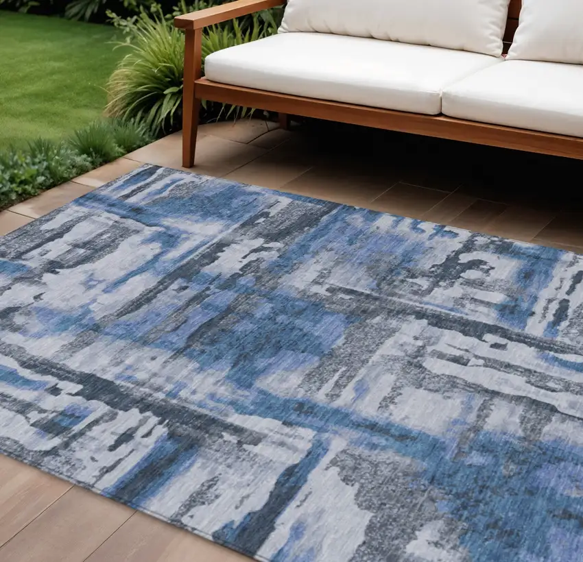 Blue And Gray Abstract Washable Indoor Outdoor Area Rug Photo 2
