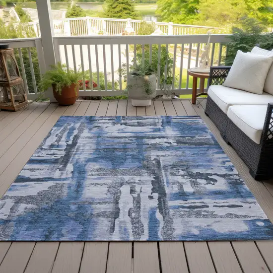 Blue And Gray Abstract Washable Indoor Outdoor Area Rug Photo 7
