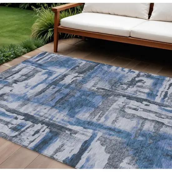 Blue And Gray Abstract Washable Indoor Outdoor Area Rug Photo 2