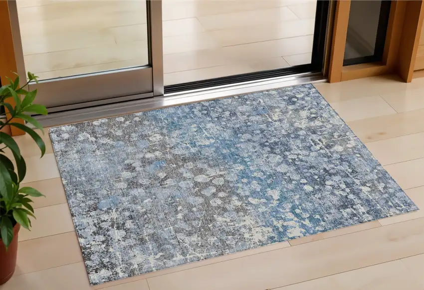 Blue And Gray Abstract Washable Indoor Outdoor Area Rug Photo 1