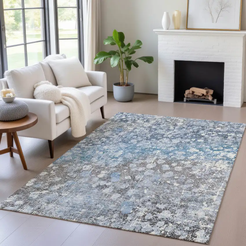 Blue And Gray Abstract Washable Indoor Outdoor Area Rug Photo 7