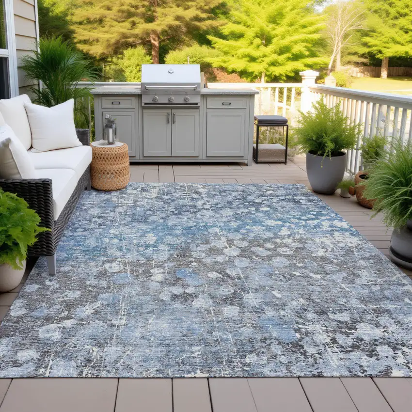 Blue And Gray Abstract Washable Indoor Outdoor Area Rug Photo 6
