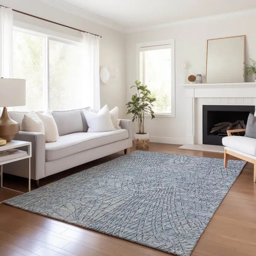 Blue And Gray Abstract Washable Indoor Outdoor Area Rug Photo 6