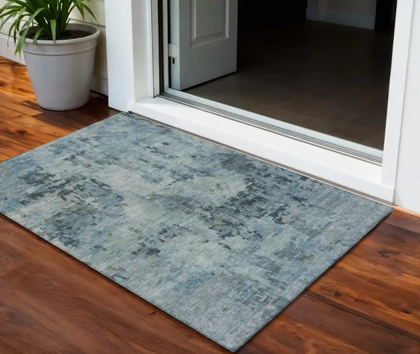 Blue And Gray Abstract Washable Indoor Outdoor Area Rug Photo 1