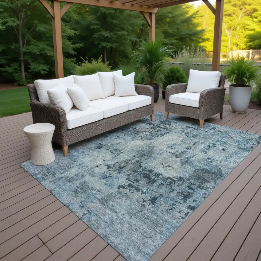 Blue And Gray Abstract Washable Indoor Outdoor Area Rug Photo 7