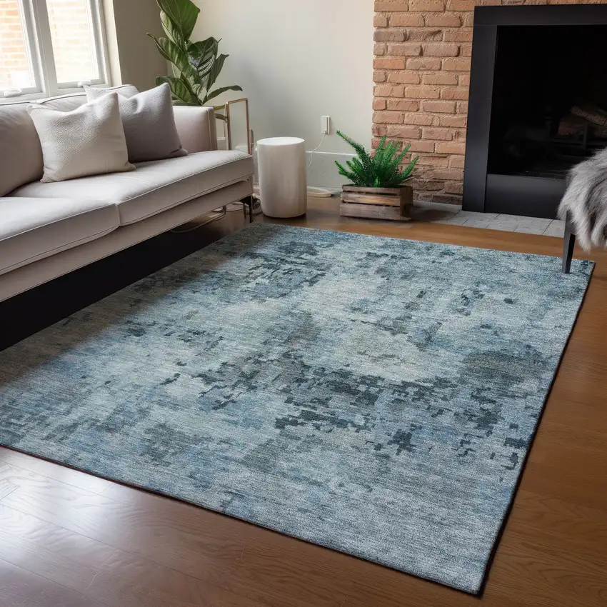 Blue And Gray Abstract Washable Indoor Outdoor Area Rug Photo 6