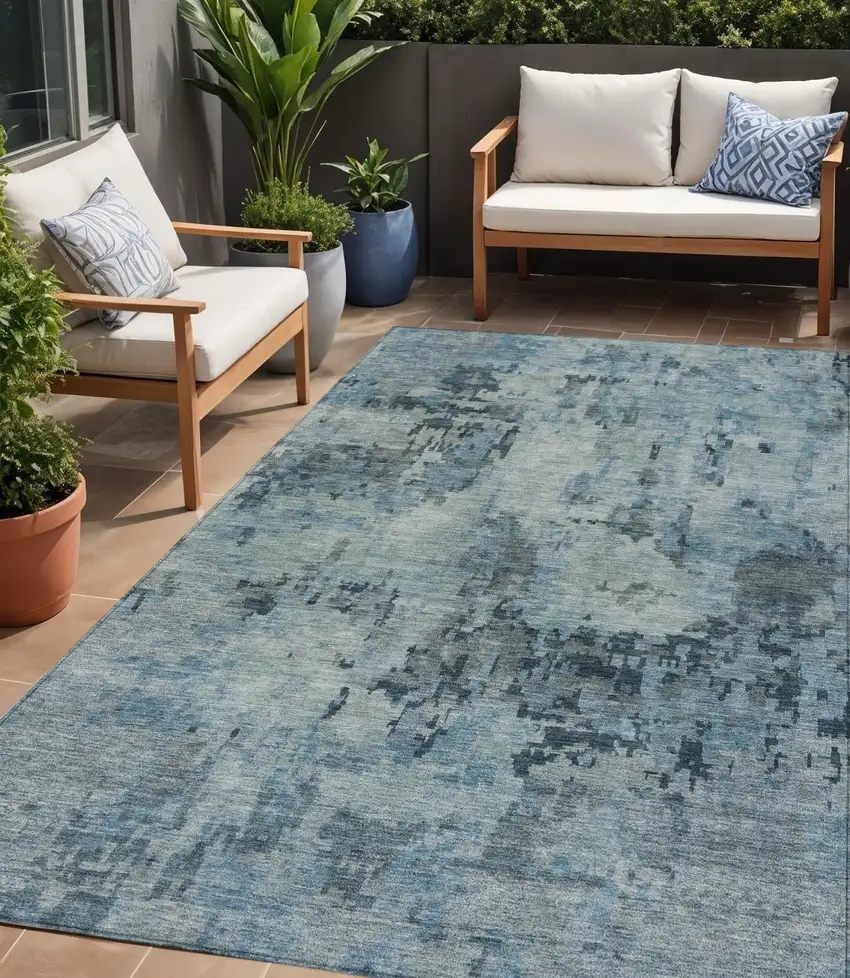 Blue And Gray Abstract Washable Indoor Outdoor Area Rug Photo 1