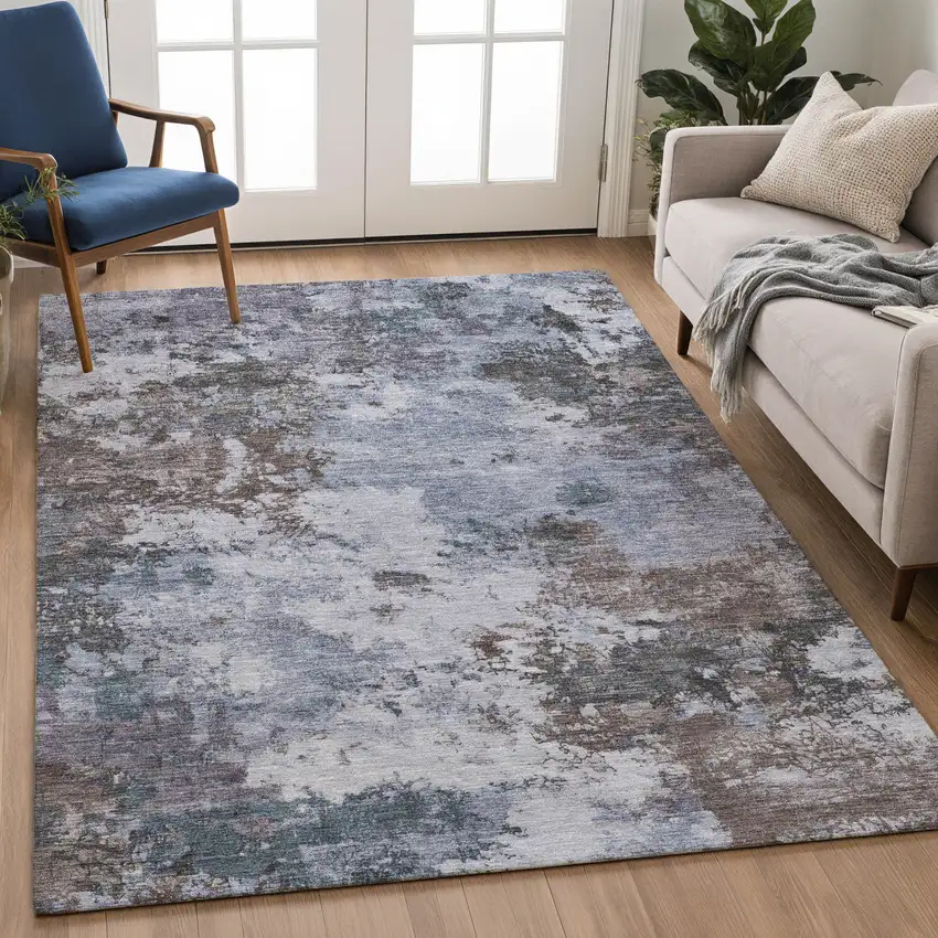 Blue And Gray Abstract Washable Indoor Outdoor Area Rug Photo 3