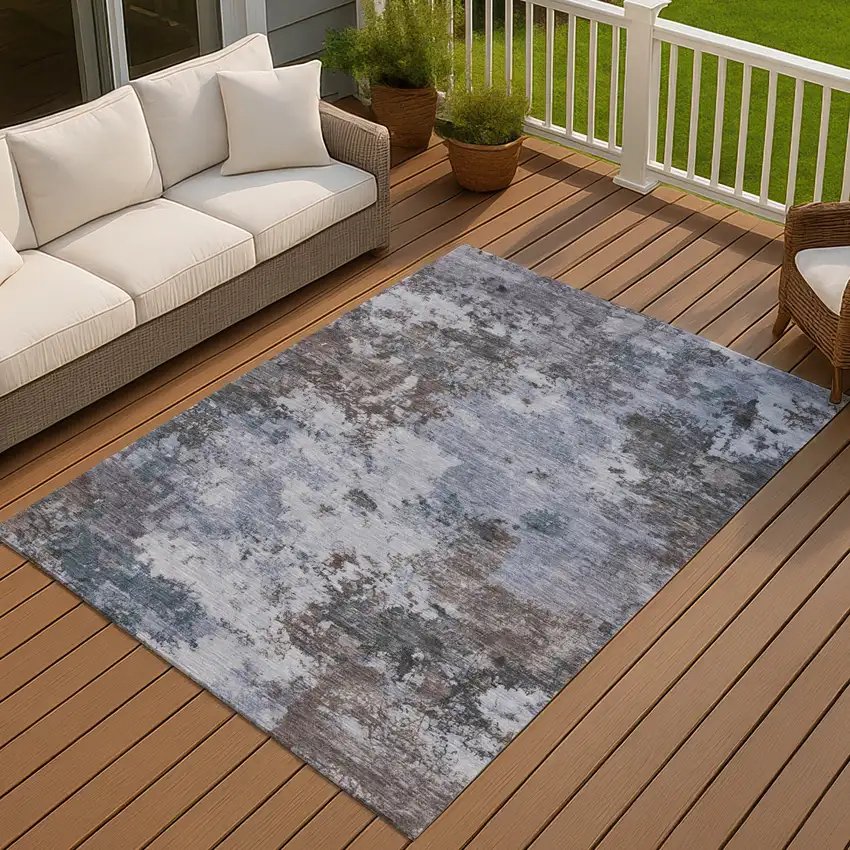 Blue And Gray Abstract Washable Indoor Outdoor Area Rug Photo 2