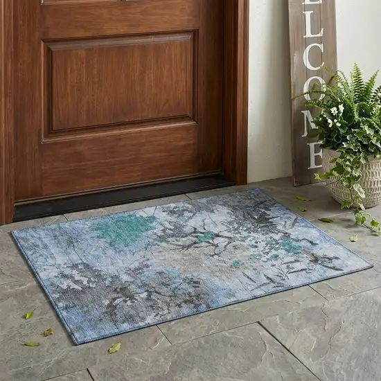 Blue And Gray Abstract Washable Indoor Outdoor Area Rug Photo 1