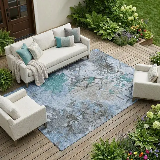 Blue And Gray Abstract Washable Indoor Outdoor Area Rug Photo 1