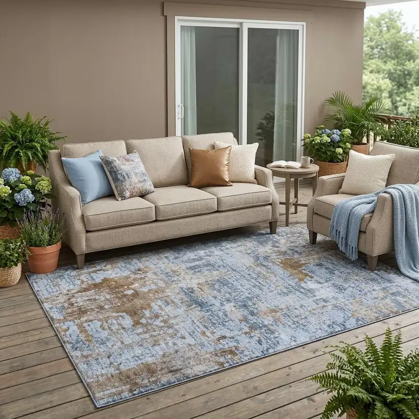 Blue And Gray Abstract Washable Indoor Outdoor Area Rug Photo 1