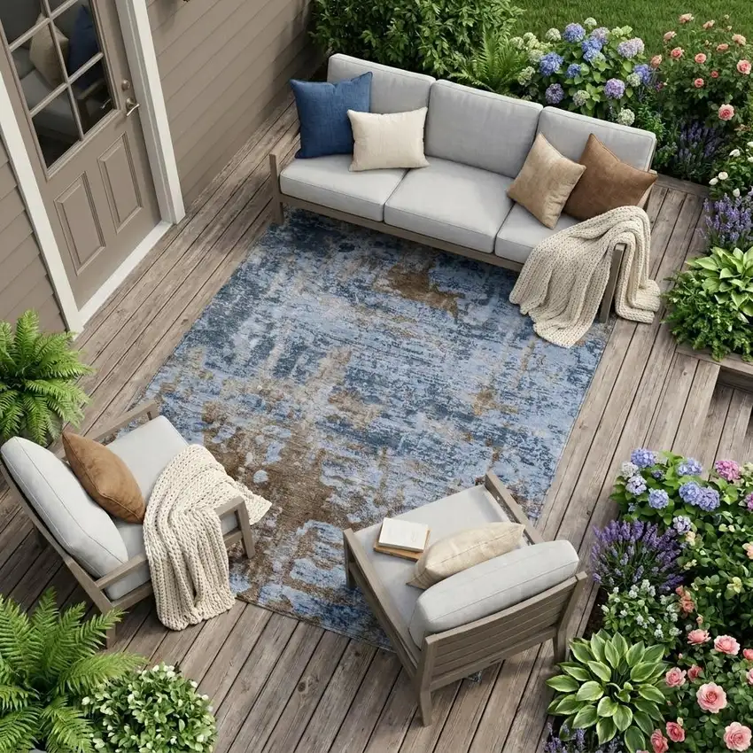 Blue And Gray Abstract Washable Indoor Outdoor Area Rug Photo 1