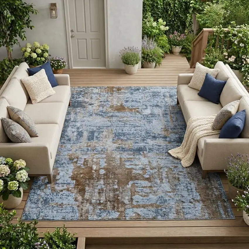 Blue And Gray Abstract Washable Indoor Outdoor Area Rug Photo 1