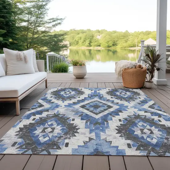 Blue And Gray Aztec Washable Indoor Outdoor Area Rug Photo 5