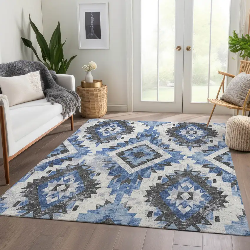 Blue And Gray Aztec Washable Indoor Outdoor Area Rug Photo 7
