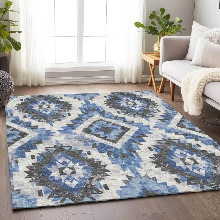 Blue And Gray Aztec Washable Indoor Outdoor Area Rug Photo 6