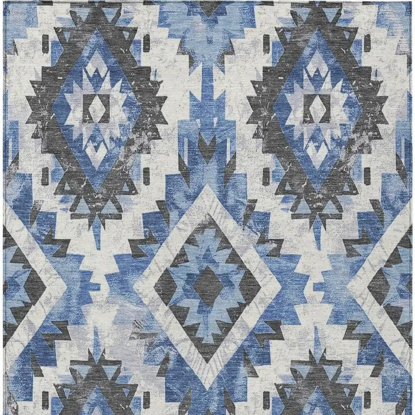 Blue And Gray Aztec Washable Indoor Outdoor Area Rug Photo 4