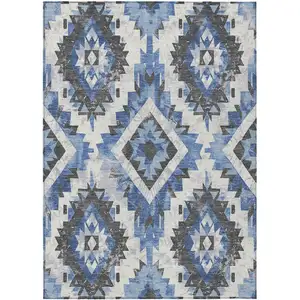 Photo of Blue And Gray Aztec Washable Indoor Outdoor Area Rug