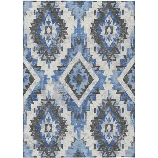 Blue And Gray Aztec Washable Indoor Outdoor Area Rug Photo 1
