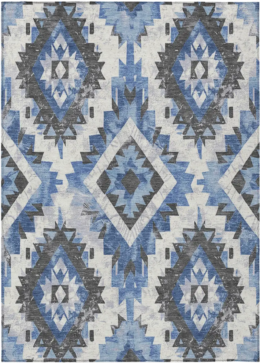 Blue And Gray Aztec Washable Indoor Outdoor Area Rug Photo 1