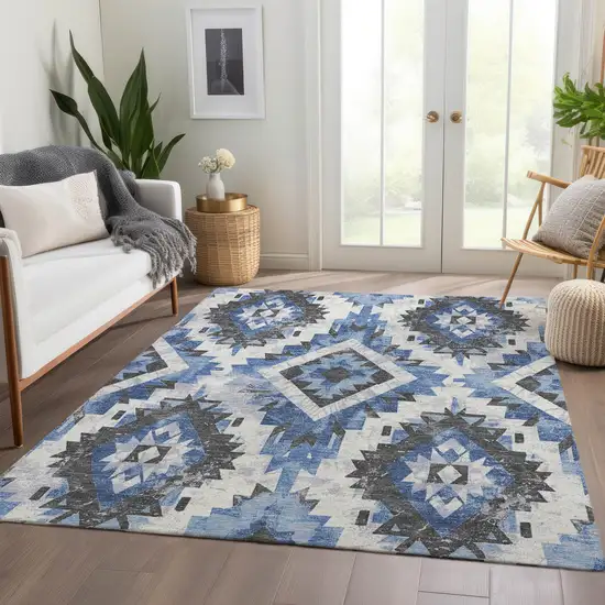 Blue And Gray Aztec Washable Indoor Outdoor Area Rug Photo 7