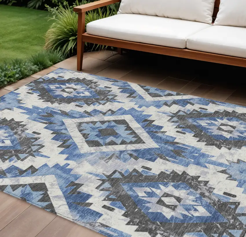 Blue And Gray Aztec Washable Indoor Outdoor Area Rug Photo 2