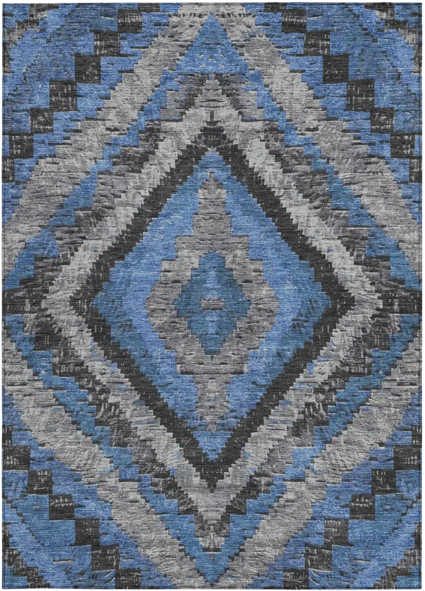 Blue And Gray Aztec Washable Indoor Outdoor Area Rug Photo 3