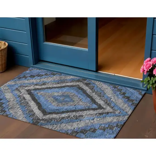 Blue And Gray Aztec Washable Indoor Outdoor Area Rug Photo 2