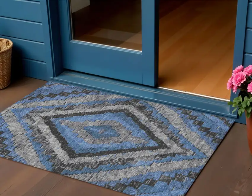 Blue And Gray Aztec Washable Indoor Outdoor Area Rug Photo 2
