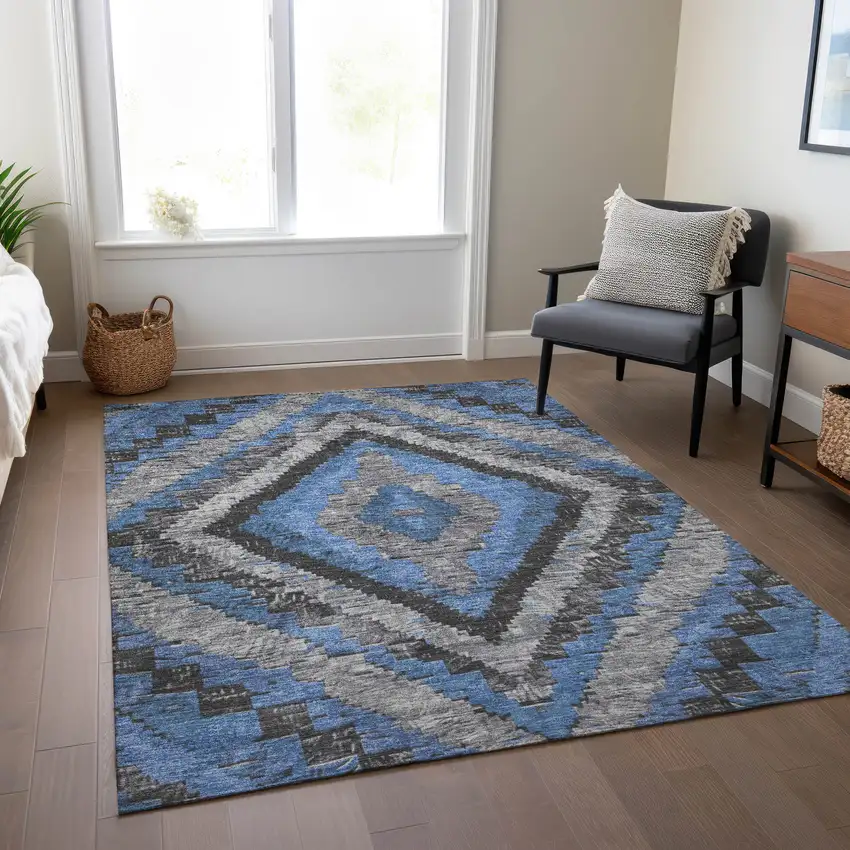 Blue And Gray Aztec Washable Indoor Outdoor Area Rug Photo 7