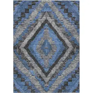 Photo of Blue And Gray Aztec Washable Indoor Outdoor Area Rug