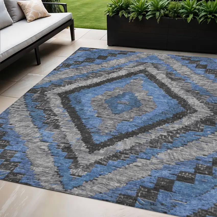 Blue And Gray Aztec Washable Indoor Outdoor Area Rug Photo 2