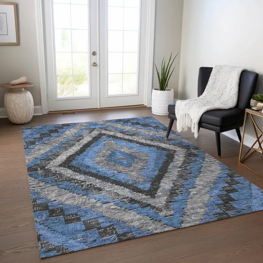 Blue And Gray Aztec Washable Indoor Outdoor Area Rug Photo 6